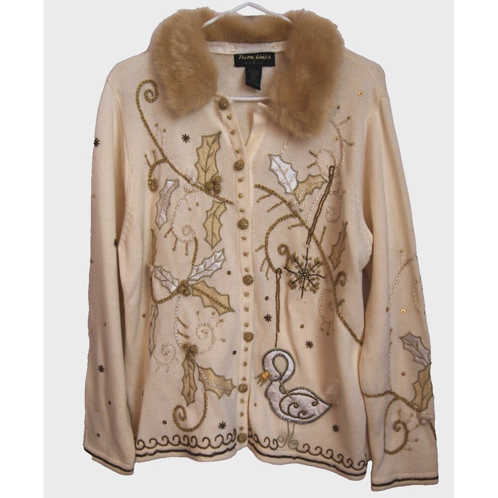 Theme Works Holiday Sweater Womens L Cream Goldtone Buttons Feathers Faux Fur